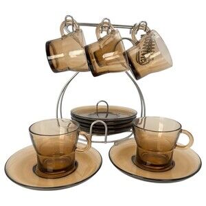 Duralex Amber Brown Glass Espresso Coffee Cup & Saucer 12 Pc Set + Display Stand